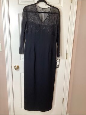 Karen Miller NWT Black Long-Sleeve Evening Dress with Sheer Beaded Yoke - 10